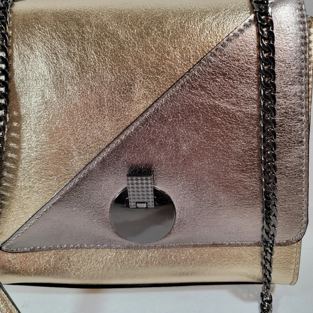 Gianni Bini Metallic Gold/Brown Leather Chain Straps Shoulder Purse